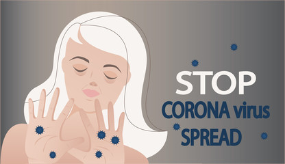 Stop Corona virus spread vector banner.  Senior woman illustration.