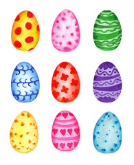 Set of watercolor easter eggs in bright colors.