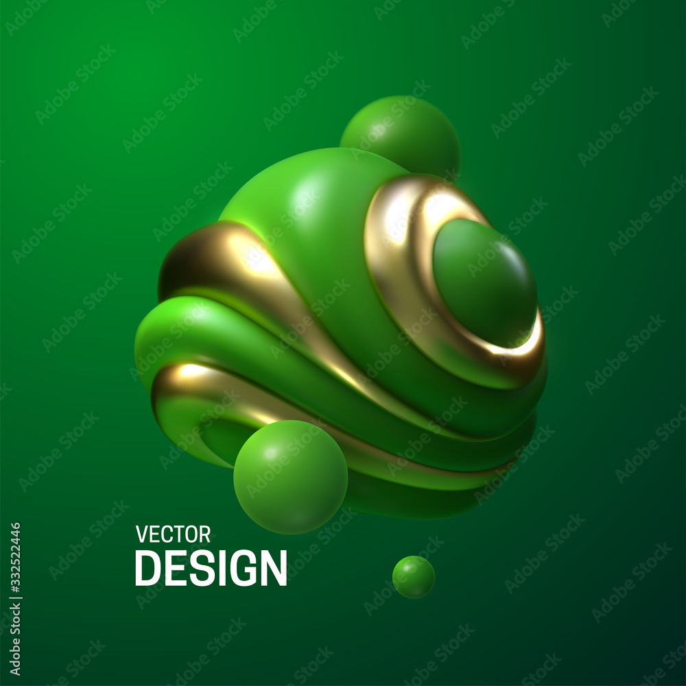 Poster abstract composition with 3d spherical shapes. green and golden glossy bubbles. vector realistic ill