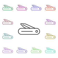 Folding knife line multi color style icon. Simple thin line, outline vector of camping icons for ui and ux, website or mobile application