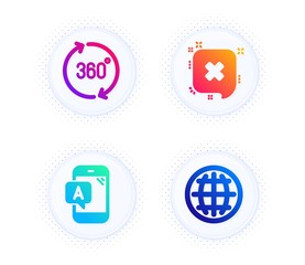 Ab testing, Reject and 360 degrees icons simple set. Button with halftone dots. Globe sign. Phone test, Delete message, Full rotation. Internet world. Technology set. Vector