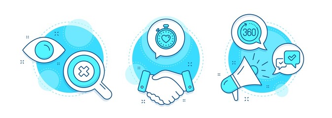 Approve, 360 degrees and Close button line icons set. Handshake deal, research and promotion complex icons. Heartbeat timer sign. Accepted message, Full rotation, Delete or decline. Vector
