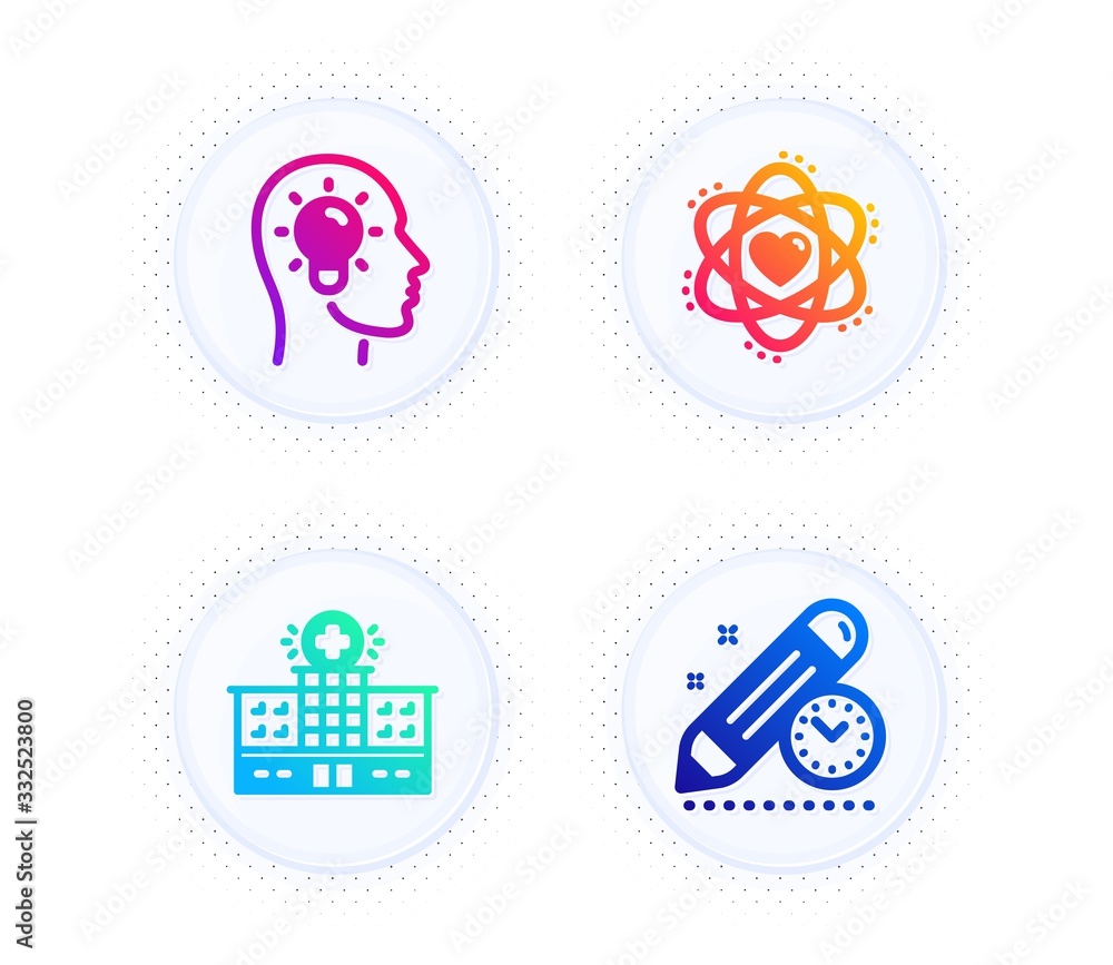 Poster atom, idea head and hospital building icons simple set. button with halftone dots. project deadline 