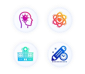 Atom, Idea head and Hospital building icons simple set. Button with halftone dots. Project deadline sign. Electron, Lightbulb, Medical help. Time management. Science set. Vector