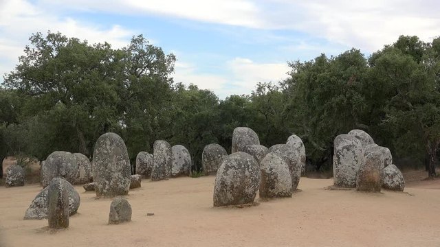 Almendres Cromlech megalithic complex at Evora district.  Guadalupe, Evora, Alentejo, Portugal.