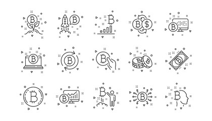 Blockchain, Crypto ICO and Bitcoin. Cryptocurrency line icons. Mining linear icon set. Geometric elements. Quality signs set. Vector