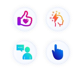 Obraz premium Brainstorming, Like hand and Users chat icons simple set. Button with halftone dots. Hand click sign. Lightning bolt, Thumbs up, Communication concept. Location pointer. People set. Vector