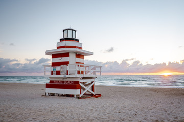 Miami south beach, colorful beach with lifeguard hut during sunrise at Miami Florida