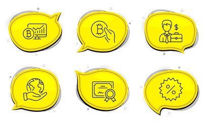 Businessman case sign. Diploma certificate, save planet chat bubbles. Bitcoin chart, Discount and Bitcoin pay line icons set. Cryptocurrency statistics, Special offer, Cryptocurrency coin. Vector