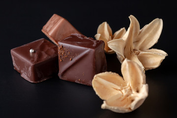 Composition of natural chocolates on a dark background.