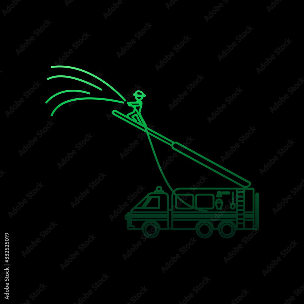 Poster firefighter extinguishes from the ladder of the fire engine nolan icon. simple thin line, outline ve
