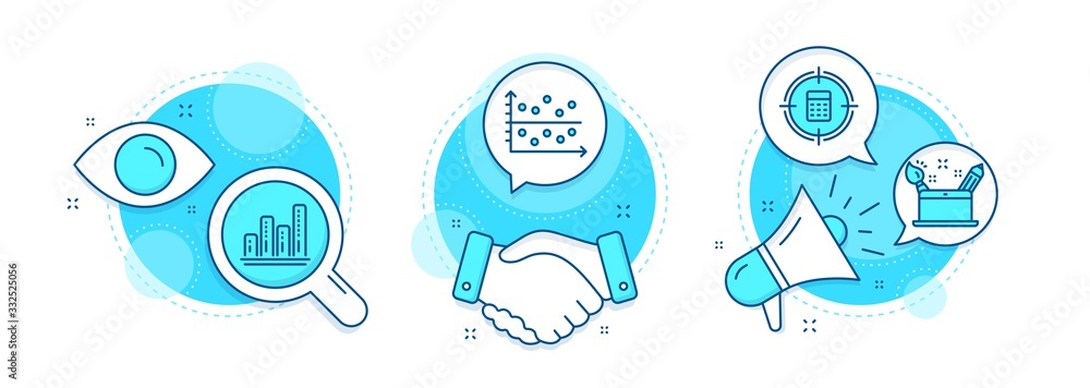 Aufkleber calculator target, dot plot and graph chart line icons set. handshake deal, research and promotion c