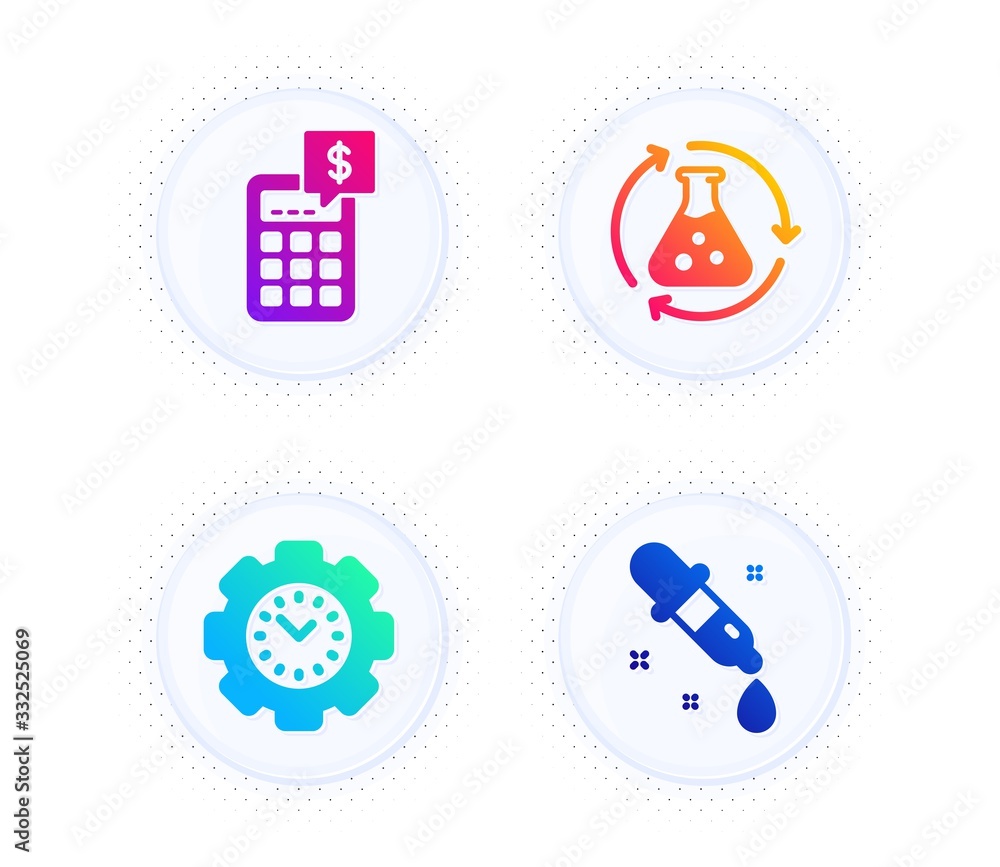 Poster calculator, time management and chemistry experiment icons simple set. button with halftone dots. ch