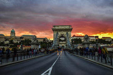 Red sky above the chain bridge in the center of Budapest