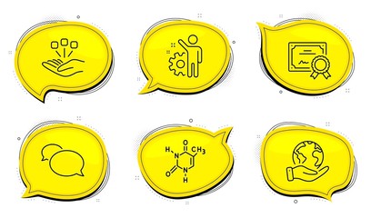 Chemical formula sign. Diploma certificate, save planet chat bubbles. Consolidation, Employee and Messenger line icons set. Strategy, Cogwheel, Speech bubble. Chemistry. Business set. Vector