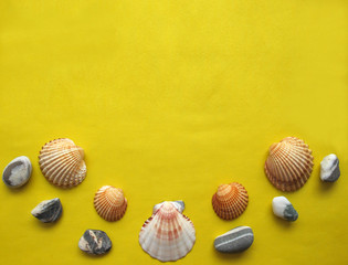 Sea shells and pebbles on yellow background.  Summer flat lay. Travel and vacation concept. Top view with copy space for your text