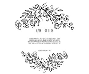 Hand Drawn Floristic Template, Frame with Delicate Flowers, Branches, Plants.
