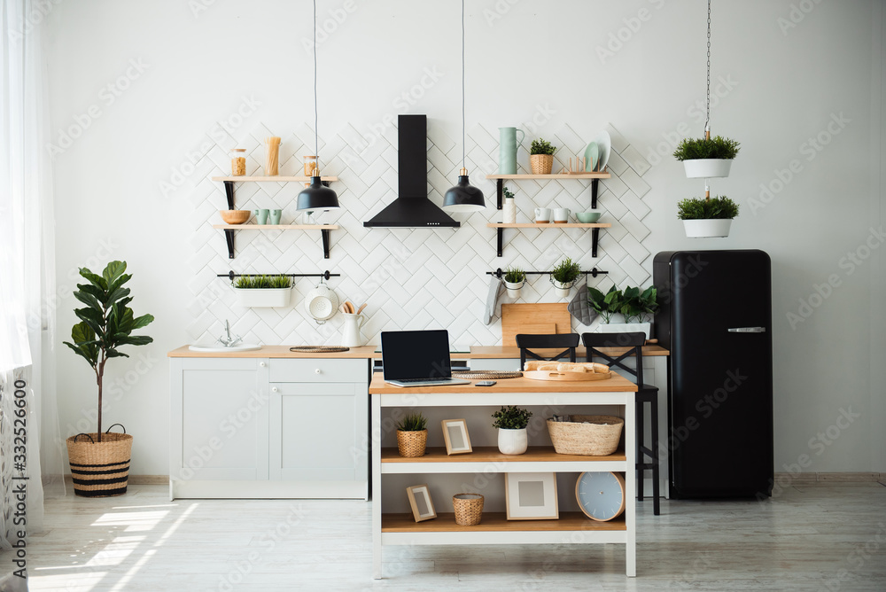 Wall mural Stylish light kitchen interior with utensils and potted plants. Interior design concept