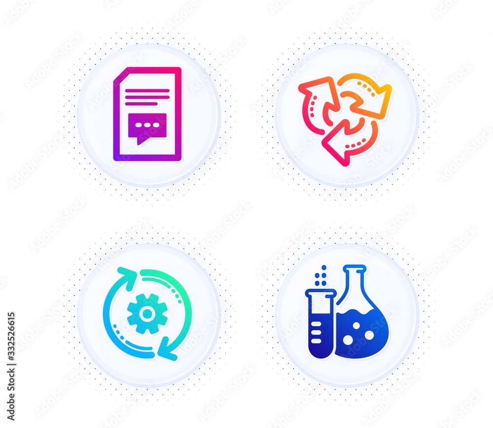 Poster comments, cogwheel and recycle icons simple set. button with halftone dots. chemistry flask sign. do