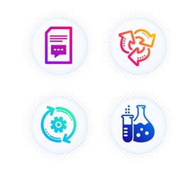 Comments, Cogwheel and Recycle icons simple set. Button with halftone dots. Chemistry flask sign. Document with speech bubble, Engineering tool, Recycling waste. Laboratory. Technology set. Vector