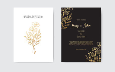 Luxury Wedding Save the Date, Invitation Navy Cards Collection with Gold Foil Flowers and Leaves and Wreath.
