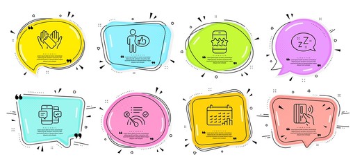 Contactless payment, Calendar graph and Smartphone holding signs. Speech bubbles with quotes. No internet, Sleep and Like line icons set. Star, Smartphone sms symbols. Vector