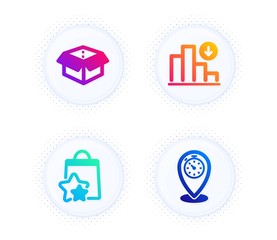 Decreasing graph, Loyalty points and Open box icons simple set. Button with halftone dots. Timer sign. Crisis chart, Bonus bags, Delivery package. Location pointer. Business set. Vector