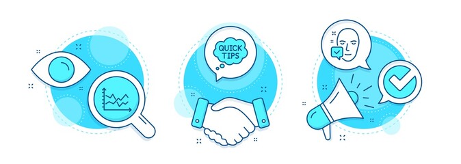 Diagram chart, Quick tips and Face accepted line icons set. Handshake deal, research and promotion complex icons. Verify sign. Presentation graph, Helpful tricks, Access granted. Vector