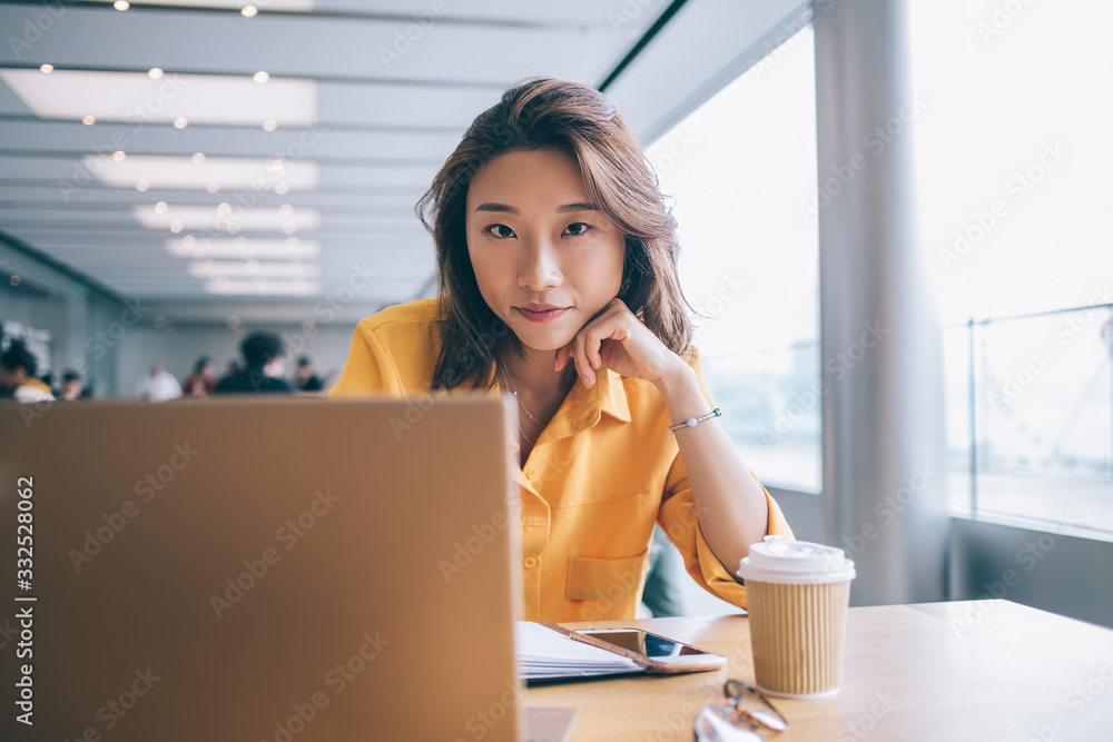 Poster portrait of attractive woman blogger with modern netbook device looking at camera during break from 