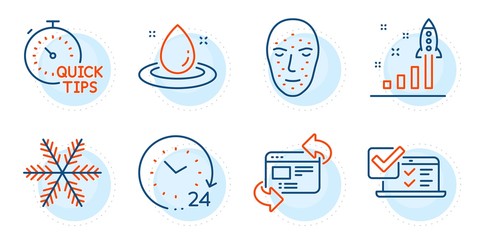 Face biometrics, Online survey and Quick tips signs. 24 hours, Refresh website and Snowflake line icons set. Fuel energy, Development plan symbols. Time, Update internet. Technology set. Vector