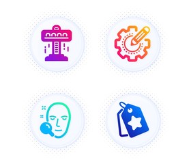 Face search, Attraction and Settings gear icons simple set. Button with halftone dots. Loyalty tags sign. Find user, Free fall, Technology process. Bonus reward. Business set. Vector