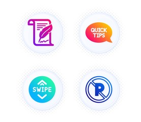 Feather, Swipe up and Quickstart guide icons simple set. Button with halftone dots. No parking sign. Copyright page, Scroll screen, Helpful tricks. Car park. Business set. Vector