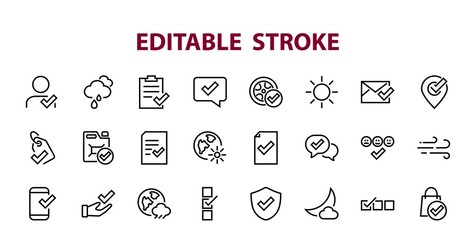 A simple set of claim related vector line icons. Contains icons such as security guarantee, received document, read message, verification, quality and much more. Editable Bar. 480x480