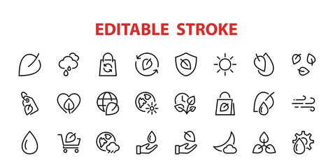 Ecology Icon Set, Vector lines, contains icons such as photosynthesis, Enviroment protection, Eco-friendly package, growth time, Editable stroke, perfect 48x48 pixels, White background