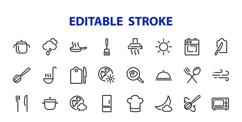   Set of cooking and kitchen icons, Vector lines, contains icons such as frying pan, frying, microwave, fork with spoon, Editable stroke, perfect 480x480 pixels, white background.