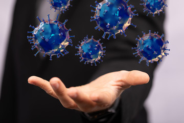 Hologram of coronavirus COVID-2019 on a protection futuristic background. Deadly type of virus 2019-nCoV. 3D models of coronavirus bacteria. Vectonic illustration in HUD style.