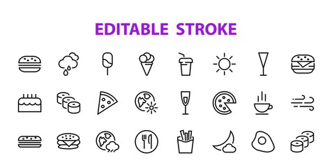  A simple set of fast food icons related to the vector line. Contains icons such as pizza, burger, sushi, bike, scrambled eggs and more. EDITABLE stroke. 480x480 pixels perfect, EPS 10