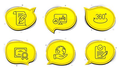 Full rotation sign. Diploma certificate, save planet chat bubbles. Feather, Rfp and Candlestick chart line icons set. Copyright page, Request for proposal, Report analysis. 360 degree. Vector