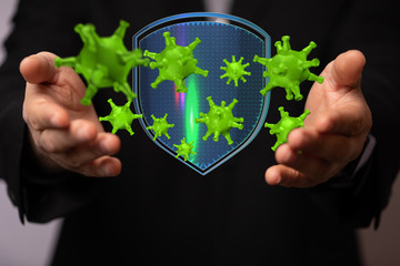 Hologram of coronavirus COVID-2019 on a protection futuristic background. Deadly type of virus 2019-nCoV. 3D models of coronavirus bacteria. Vectonic illustration in HUD style.