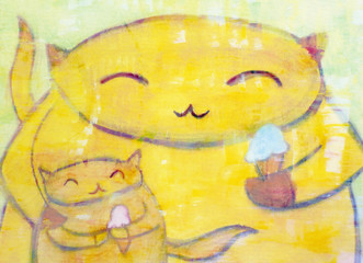 Big and Little Cat and Kitten Love Ice Cream Whimsical Illustration
