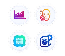 Graph, Cpu processor and Face verified icons simple set. Button with halftone dots. Project deadline sign. Presentation diagram, Computer component, Access granted. Time management. Vector
