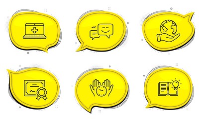 Happy emotion sign. Diploma certificate, save planet chat bubbles. Product knowledge, Medical help and Safe time line icons set. Education process, Medicine laptop, Hold clock. Web chat. Vector