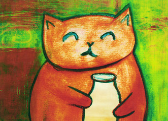 Kitty Cat with Milk Bottle Whimsical Illustration