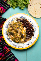 Mexican poblano pepper rajas and panela cheese on turquoise background