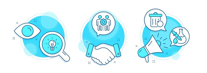 Idea, Recovery trash and Employees teamwork line icons set. Handshake deal, research and promotion complex icons. Chemistry experiment sign. Light bulb, Backup file, Collaboration. Vector