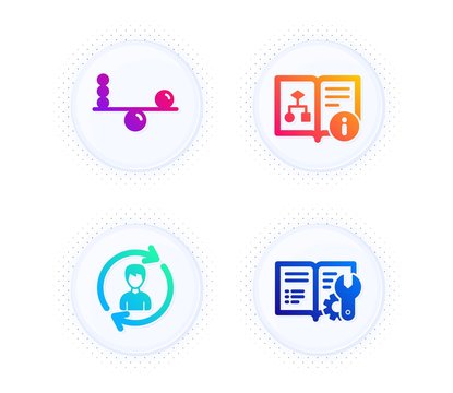 Human resources, Technical algorithm and Balance icons simple set. Button with halftone dots. Engineering documentation sign. Update profile, Project doc, Concentration. Manual. Business set. Vector