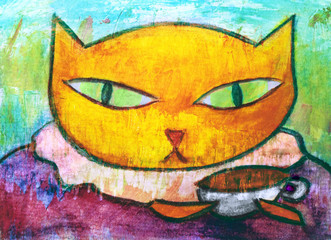 Cat Tea Catty Pun Whimsical Illustration