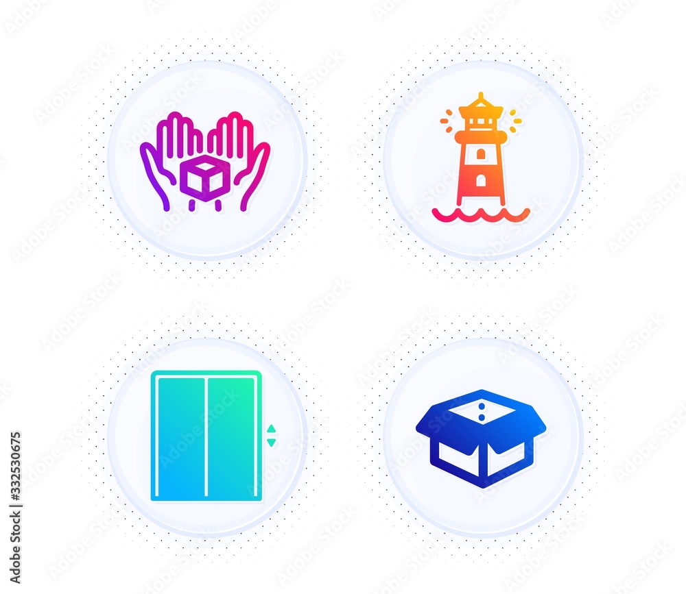 Poster lift, hold box and lighthouse icons simple set. button with halftone dots. open box sign. elevator, 