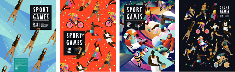 Sport games! Vector illustrations of athletes, swimmers, hockey player, jumper, runner, volleyball, basketball player, soccer player, cyclist, tennis player for poster, banner or cover design.
