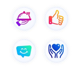 Like hand, Smile chat and Restaurant food icons simple set. Button with halftone dots. Hold heart sign. Thumbs up, Happy face, Room service. Friendship. People set. Vector